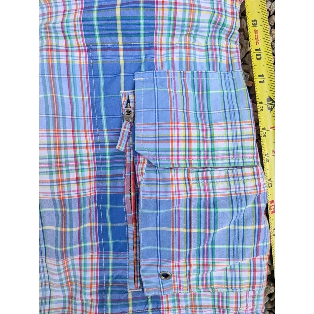 Vintage POLO Ralph Lauren Swim Trunks Board Cargo Shorts Plaid 36 Blue Red Pink